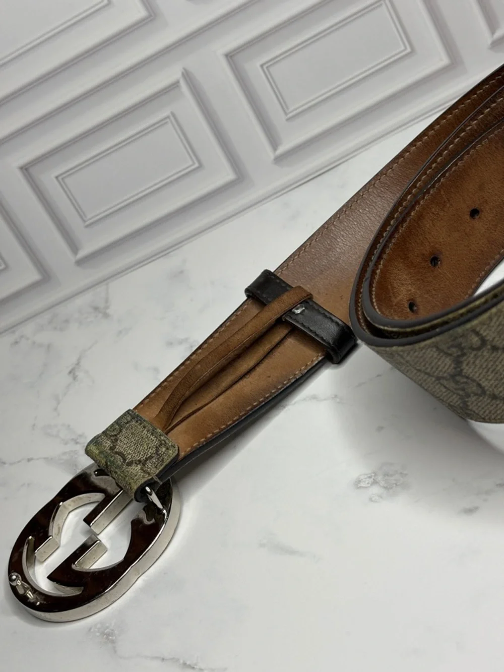 Gucci Beige/Brown GG Monogram Belt with Silver Double G Buckle